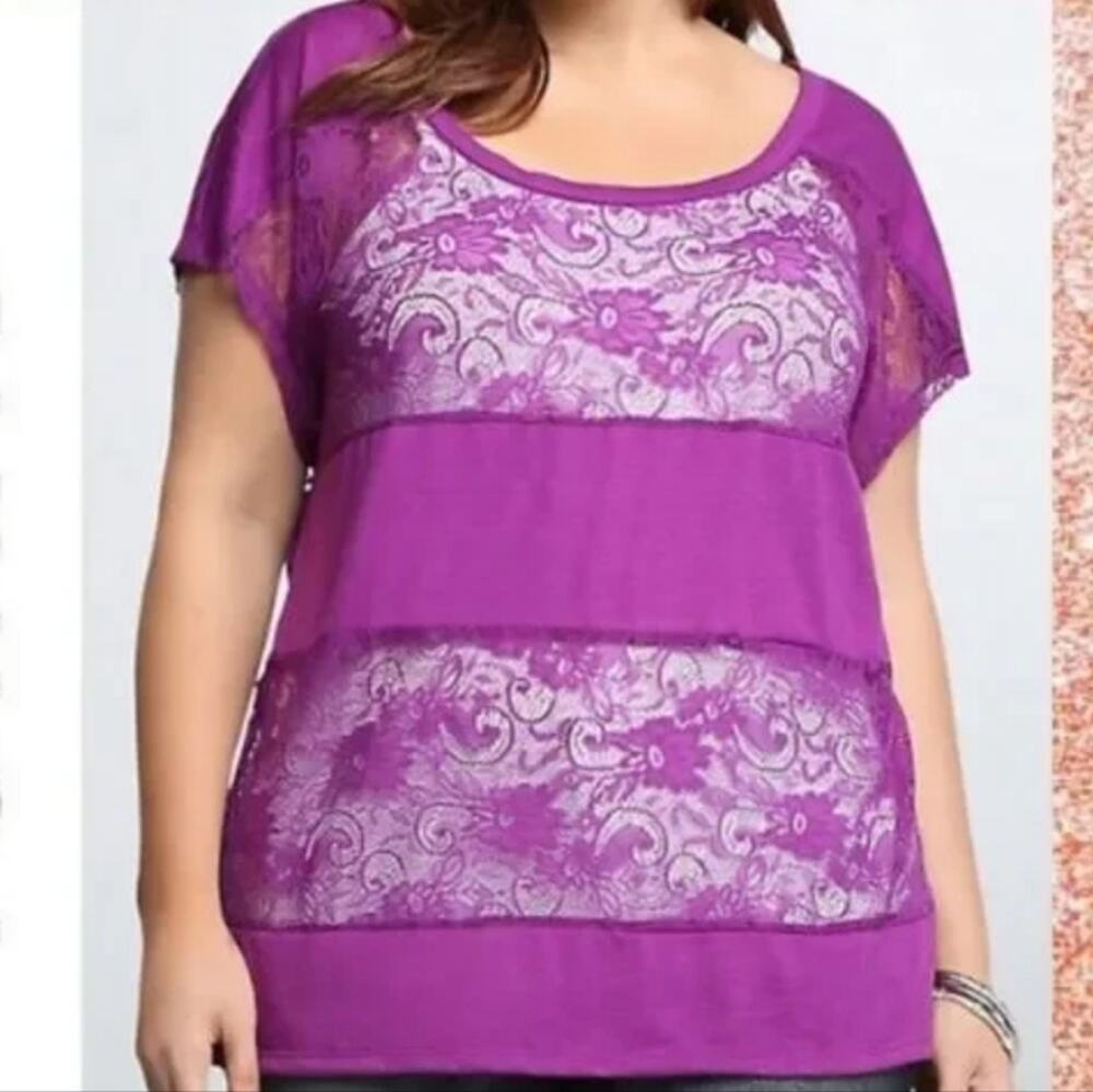 Torrid Purple Short Cap Sleeve Sheer Striped Lace Trim Blouse Size 0/12